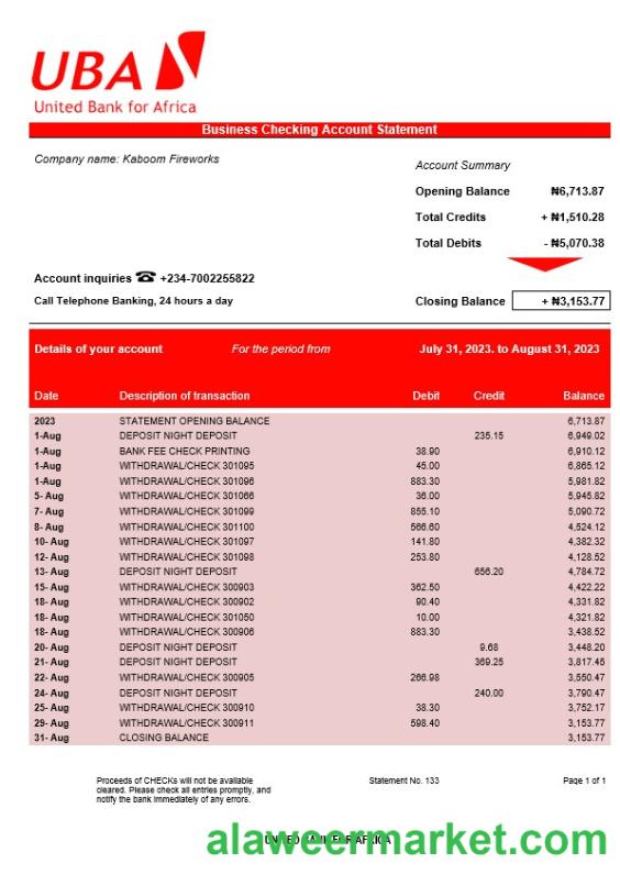 United Bank for Africa organization account statement Word and PDF template